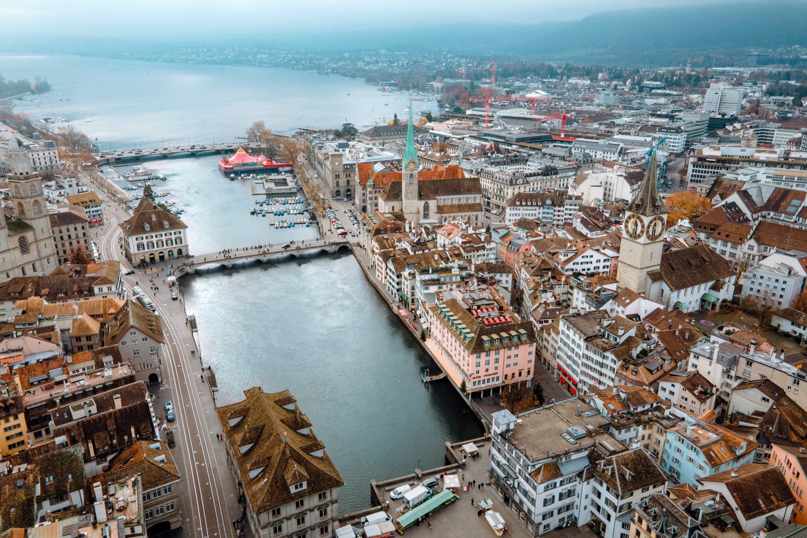 Aerial view of Zurich city center with Fraumunster Church and river Limmat at Lake Zurich from Grossmunster Church on autumn, Canton of Zurich, Switzerland